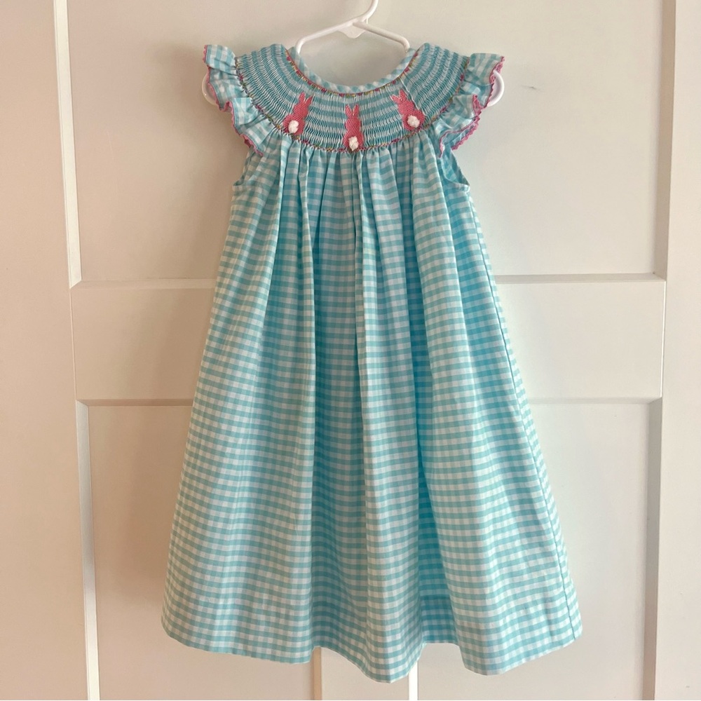 Southern Sunshine Blue Gingham Smocked Bunnies Dress Size 2